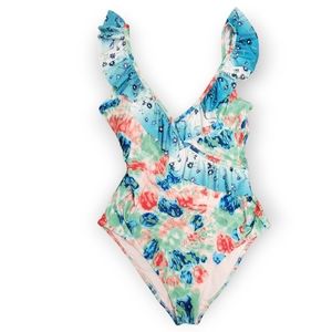 Aerie Floral Watercolor Belted Ruffled Plunge One Piece Swimsuit Women's Medium